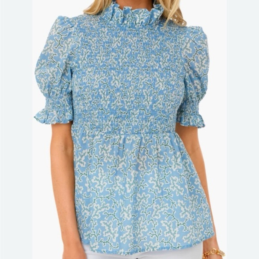 Tuckernuck Blue Smocked Puff-Sleeve Floral Top